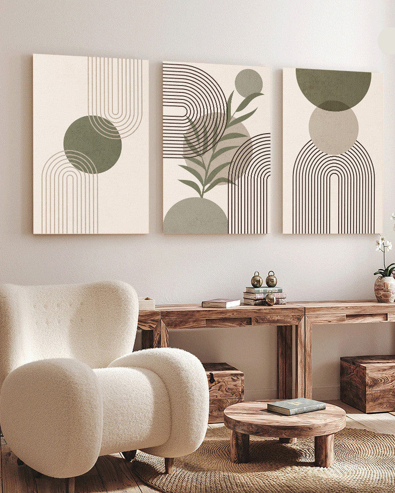 Tableau Sauge Vert Botanique Abstrait Boho Géométrie – Triptyque Moderne
