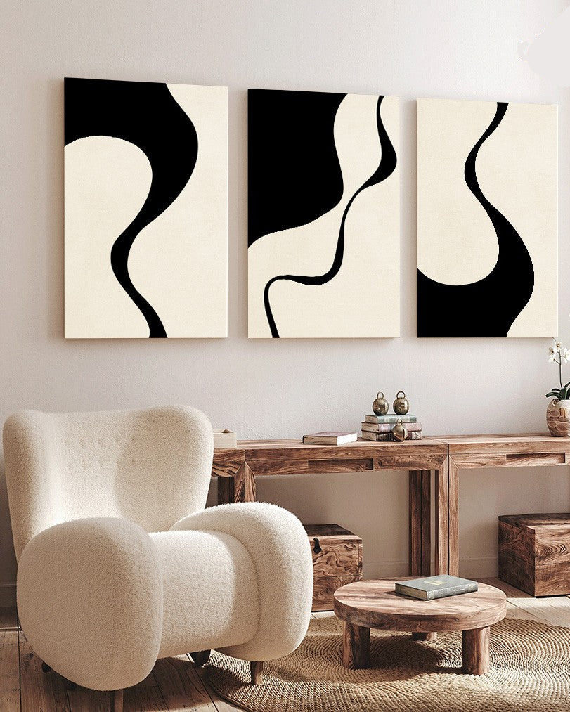 Tableau Trois Pièces Black White Boho Abstrait Ligne – Élégance Contrastée et Moderne