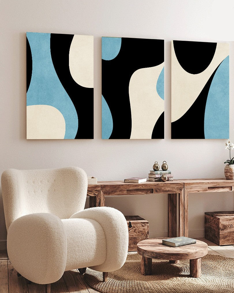 Tableau Trois Pièces Bleu Boho Abstrait Géométrique Ligne – Élégance Moderne et Sérénité Bohème