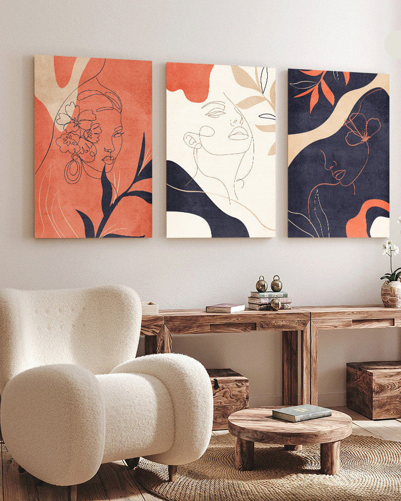 Tableau trois piéces moderne minimaliste rose et bleu