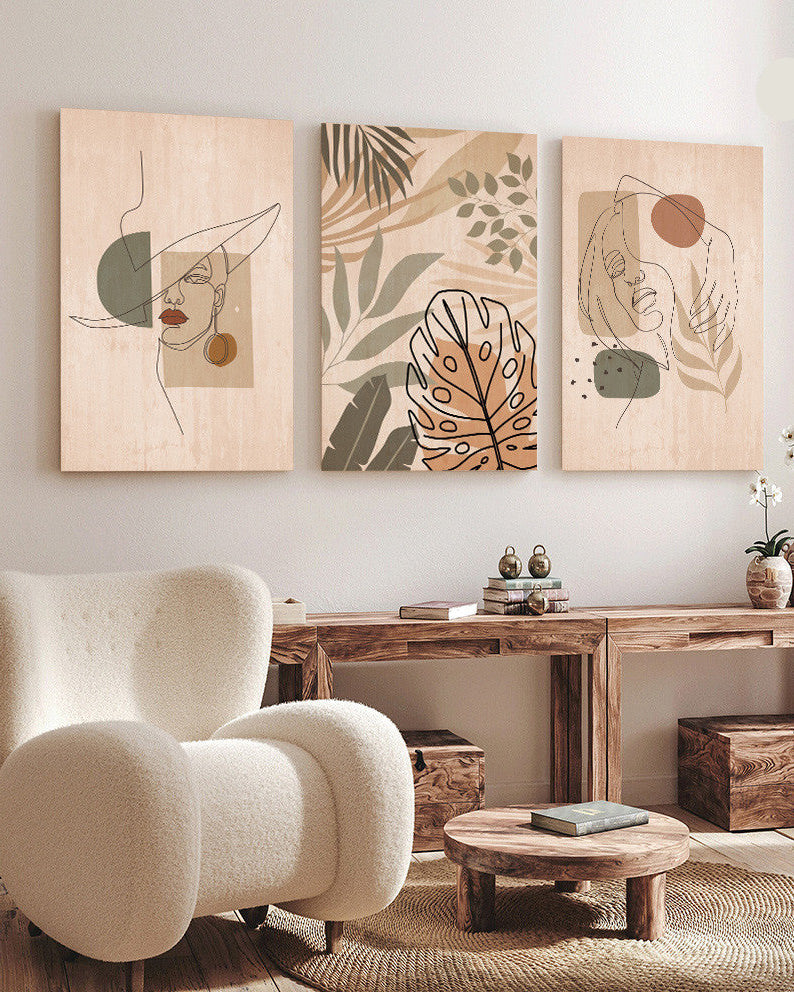Tableau trois piéces femme et feuille minimaliste beige et vert