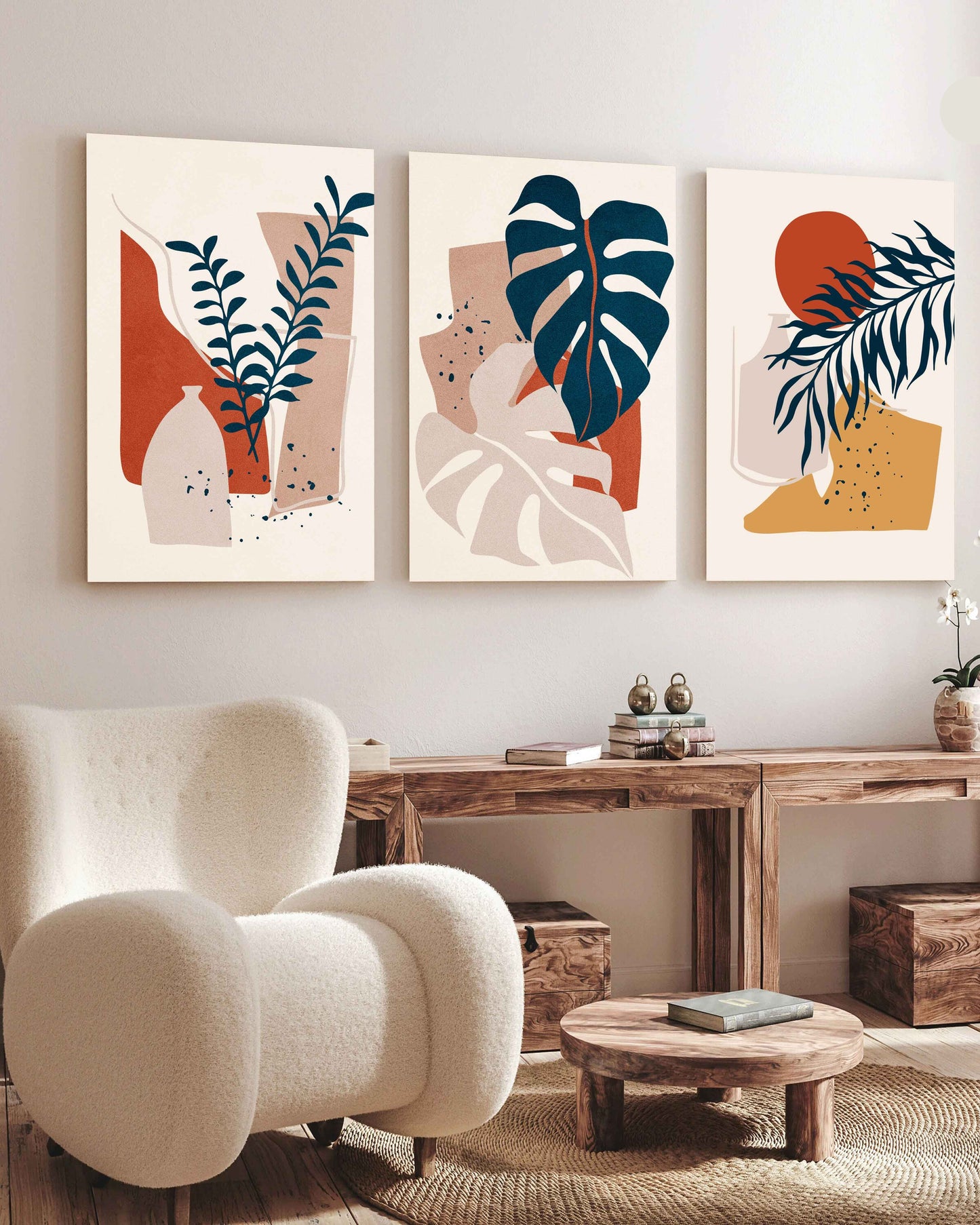 Tableau  trois pieces  feuille boho bleu beige rouge brique