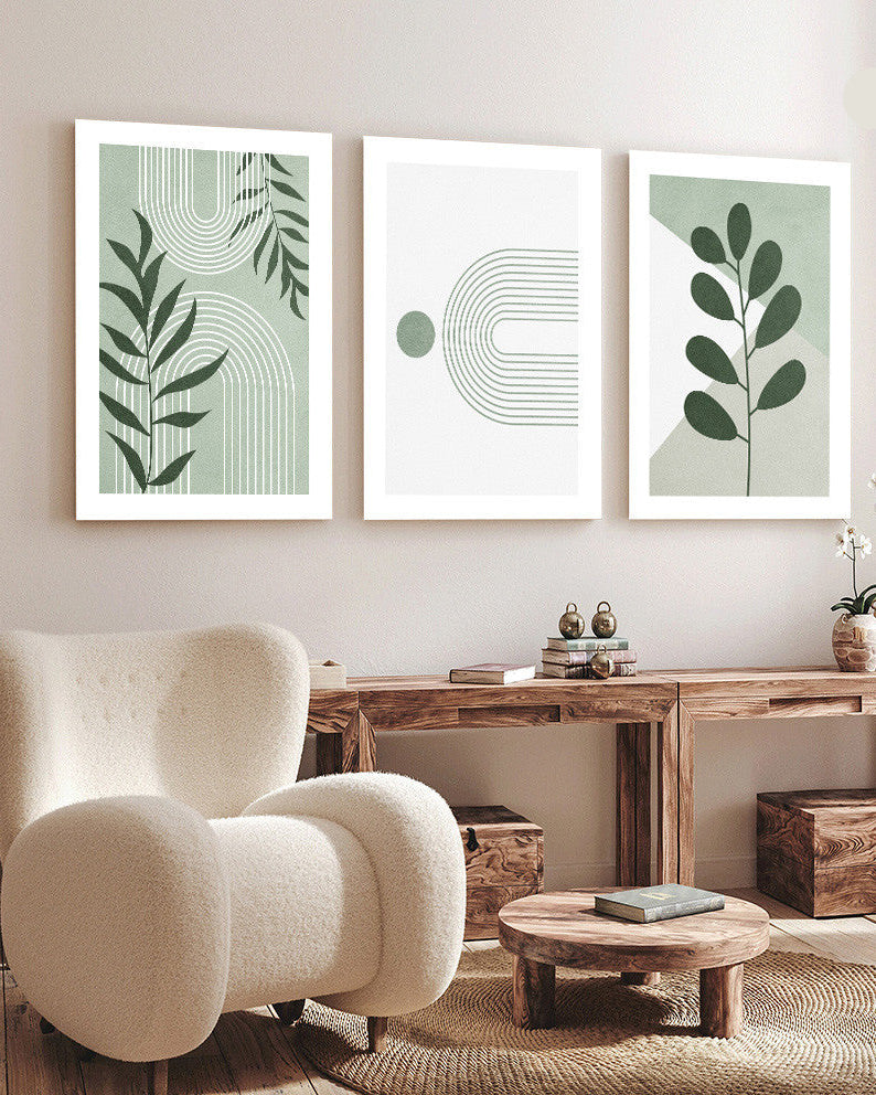 Tableau  trois piéces feuilles minimalistes vertes