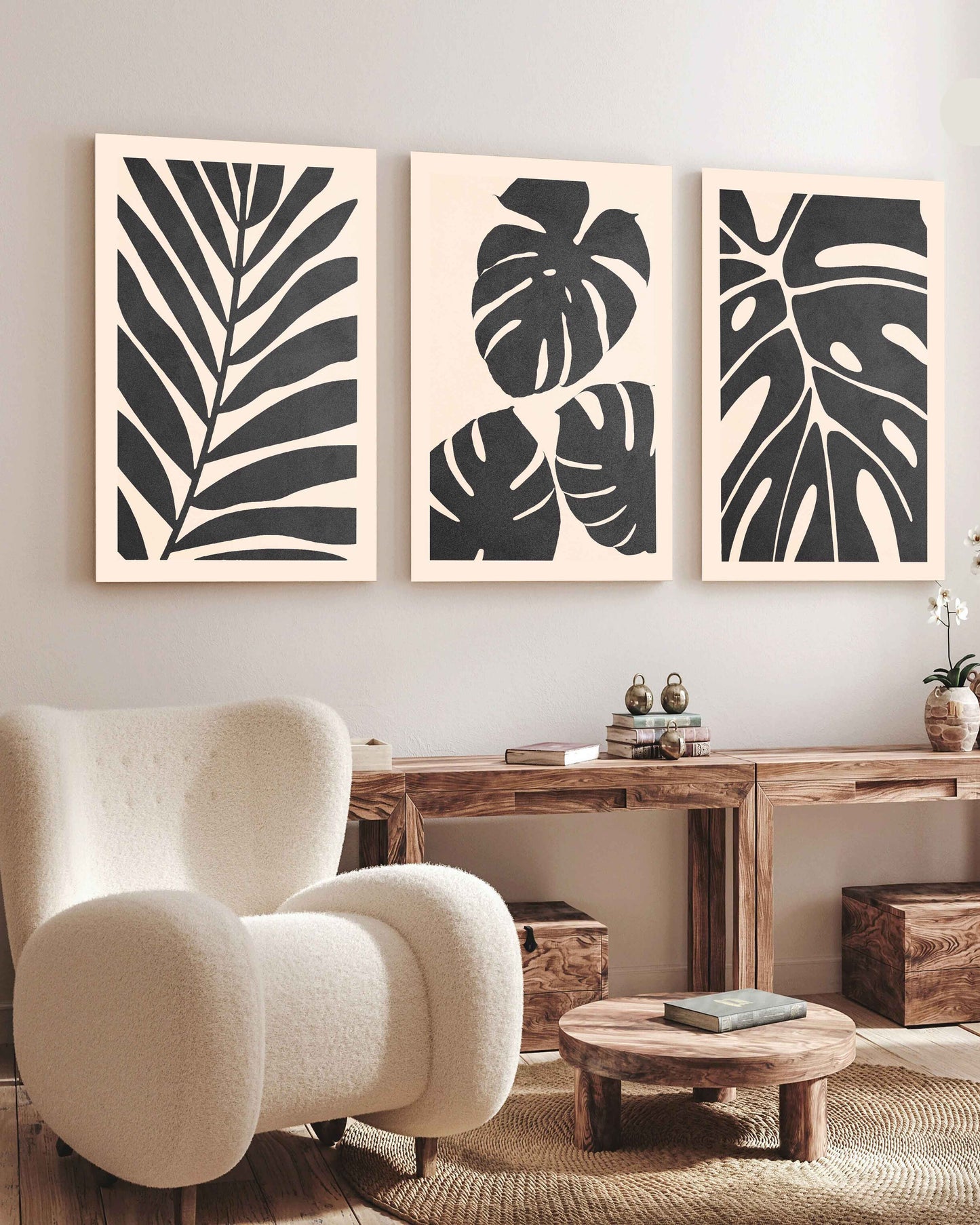 Tableau  trois piéces feuilles noir monstera palmier