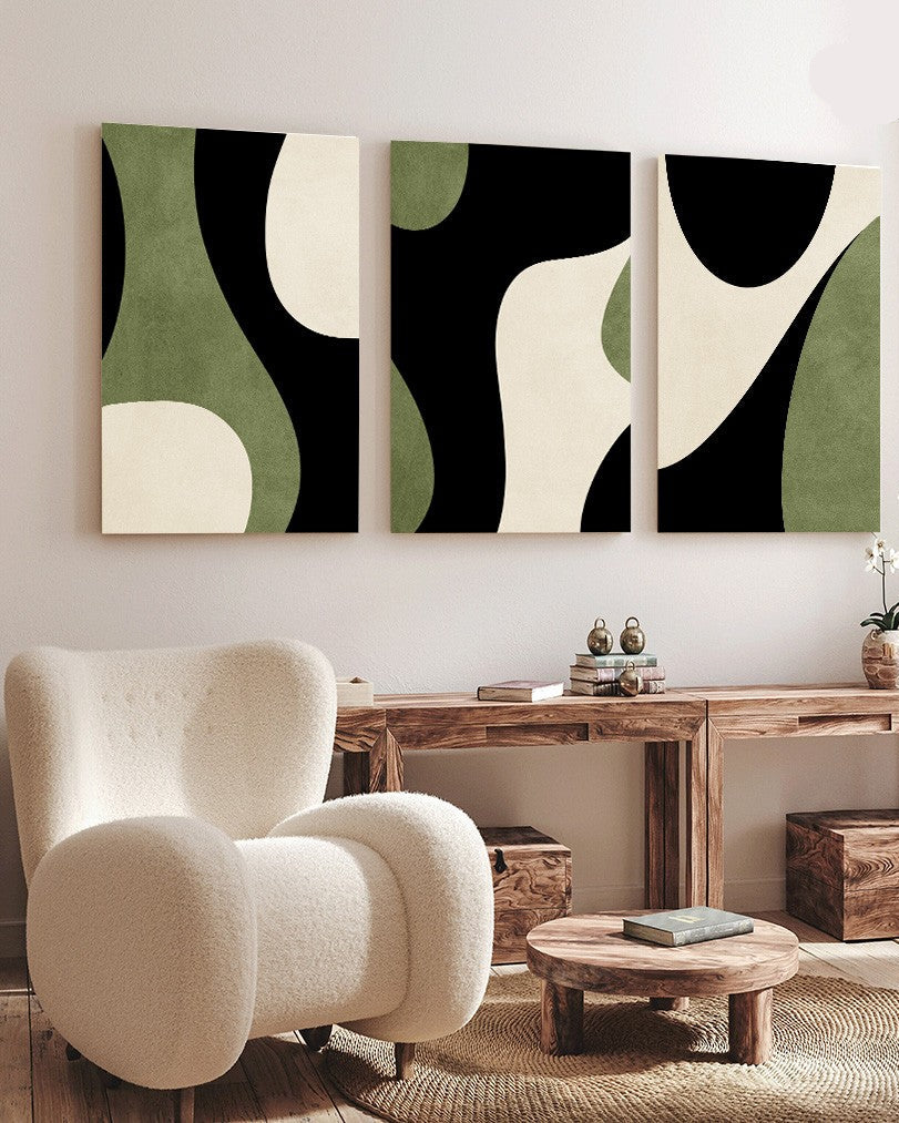 Tableau Trois Pièces Green Boho Abstrait Géométrique Ligne – Nature et Élégance Bohème