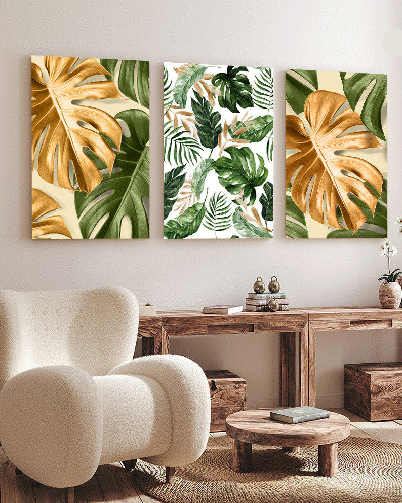 Tableau  trois piéces green gold monstera