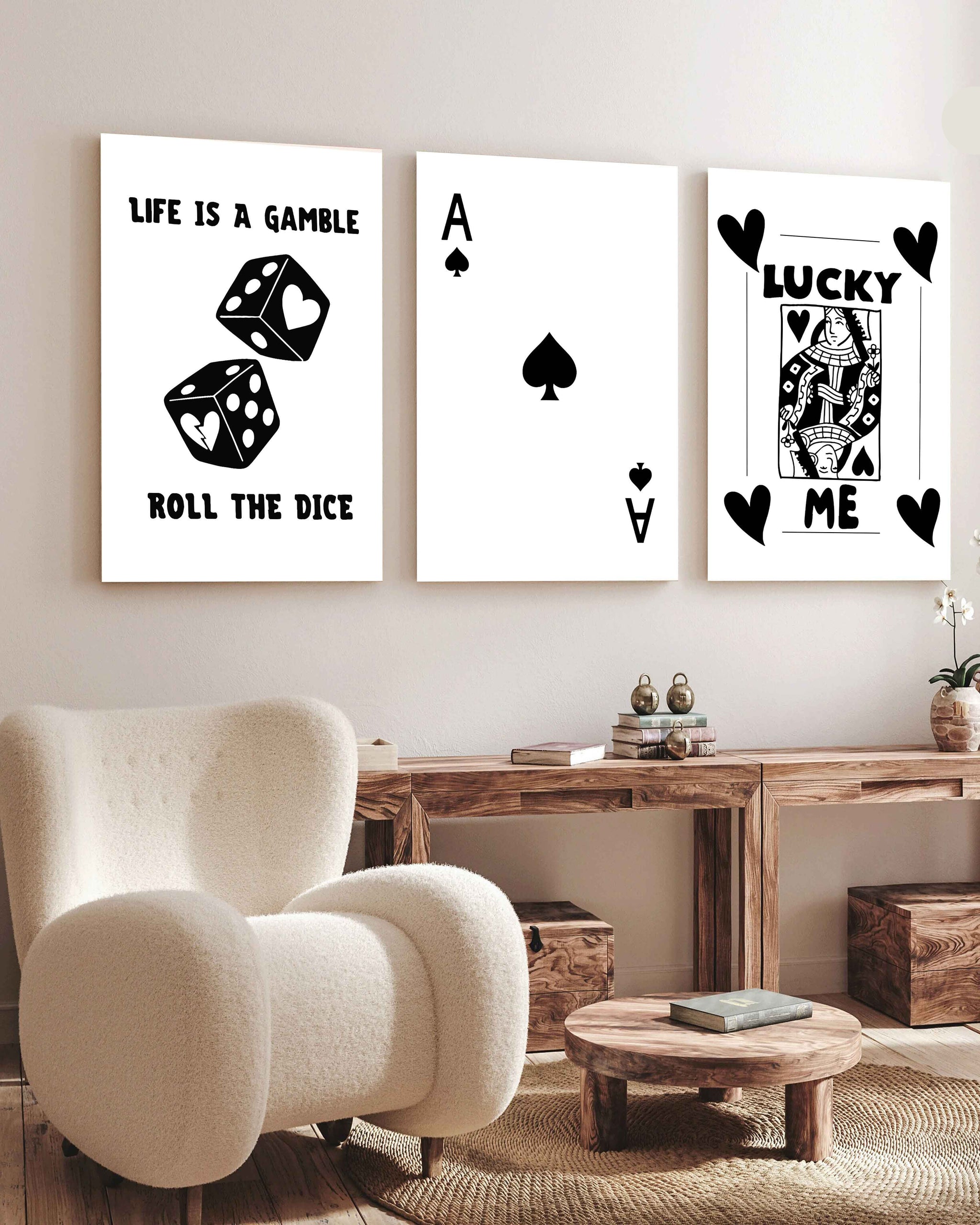 Tableau  trois piéces jeux de catre noir et blanc