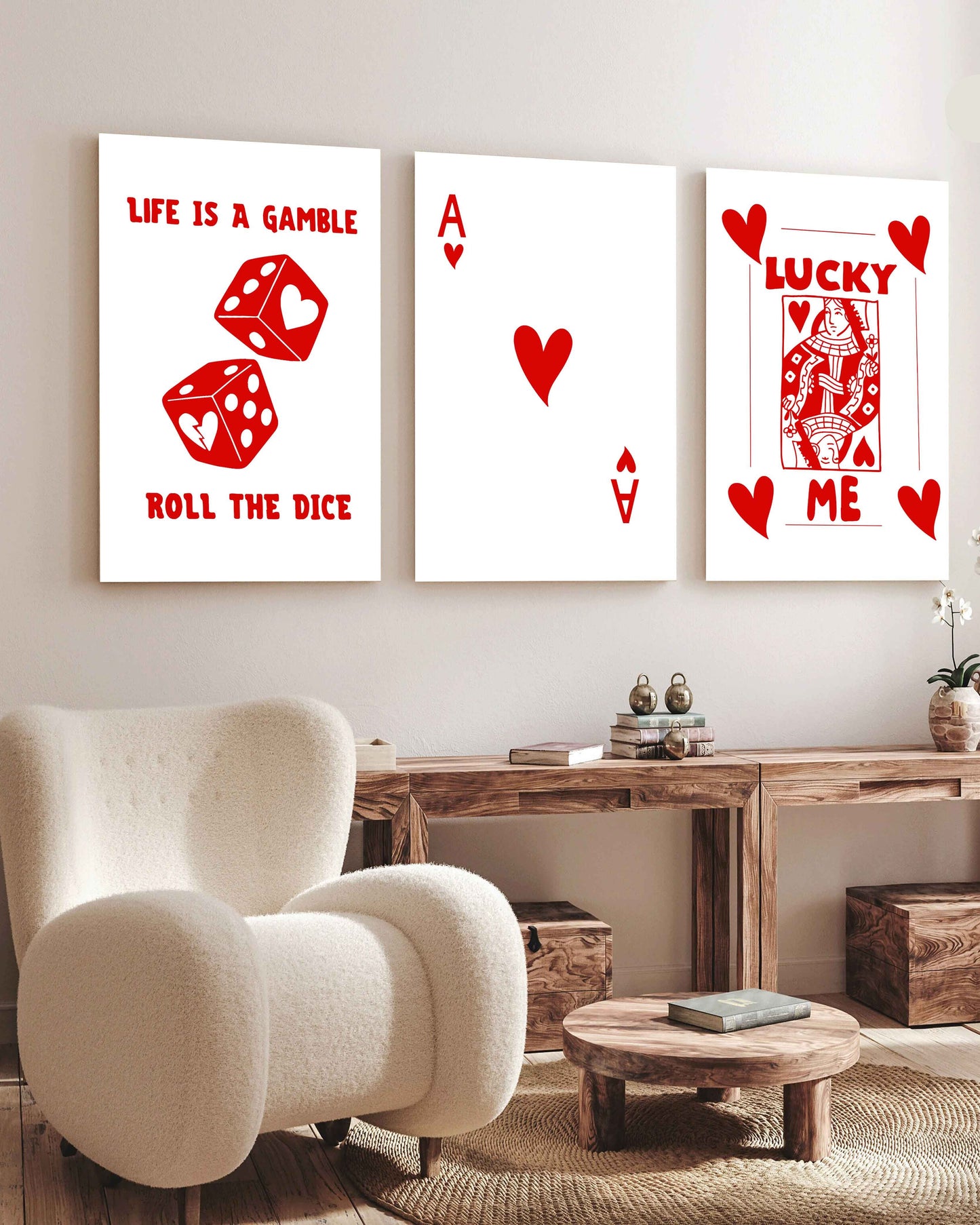 Tableau  trois piéces jeux de catre rouge et blanc