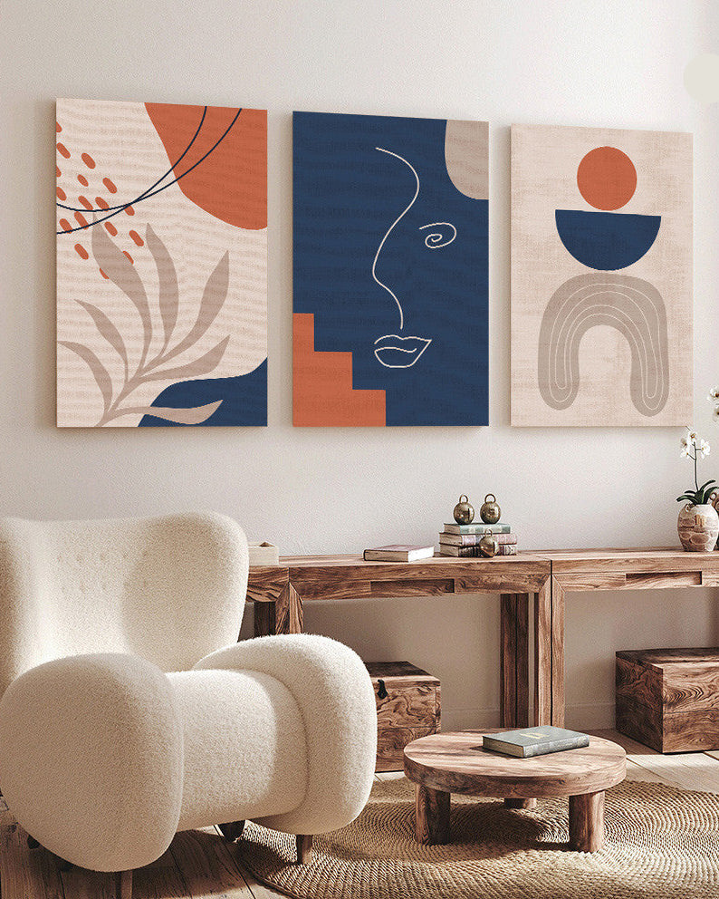 Tableau  trois piéces minimaliste sur fond bleu rouge brique
