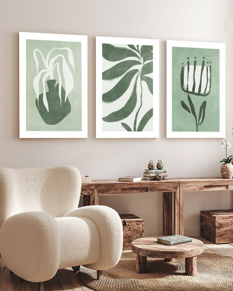 Tableau  trois piéces plante boho style vertes