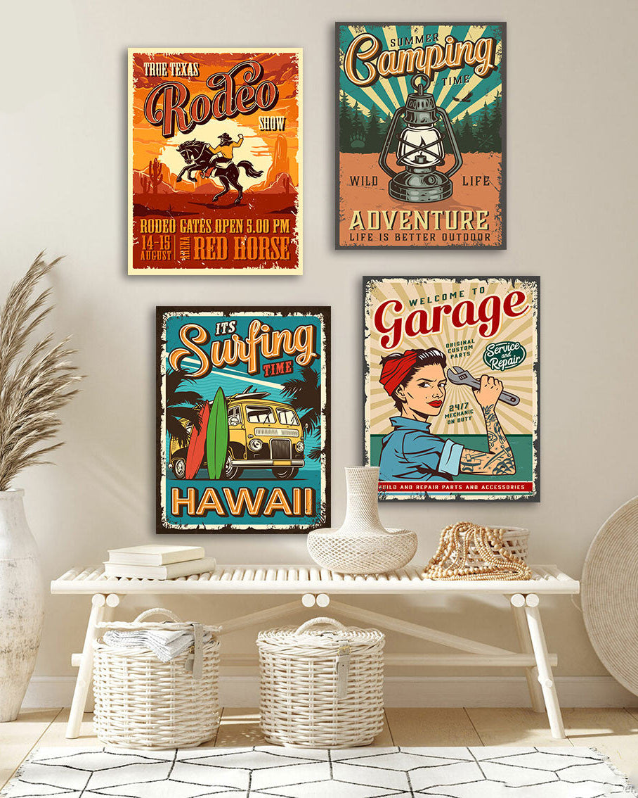 Tableau Vintage Surfing Camping Rodeo 4 Pièces – Aventure et Style Rétro