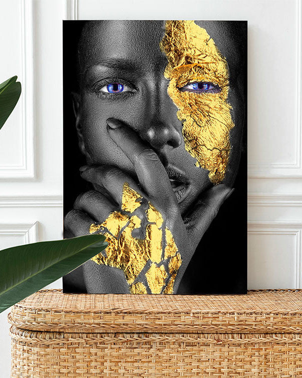 Tableau  Visage d'or Main Afrique Femme Noire méditation