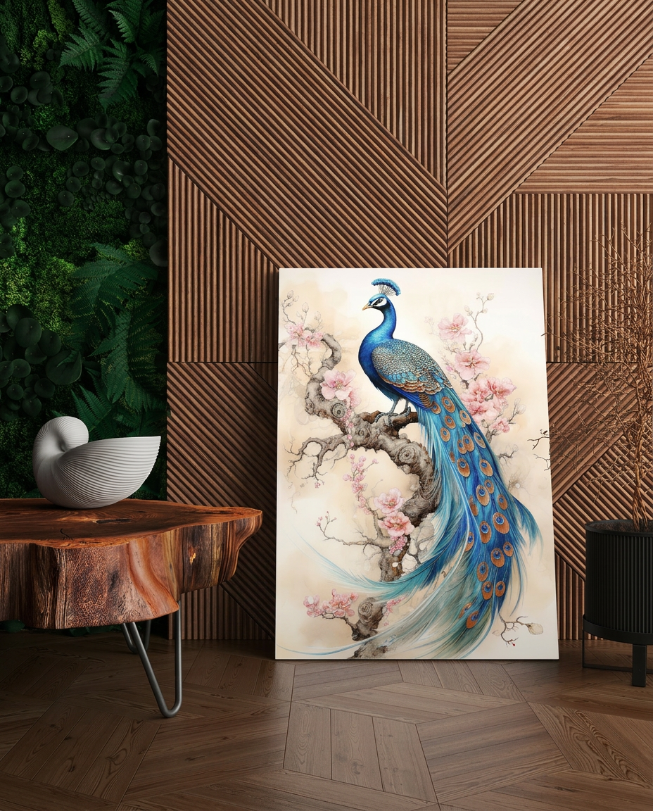 Tableaux  Paon sur un tronc d'arbre