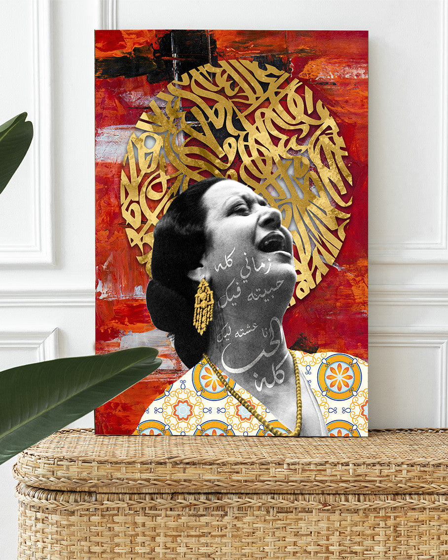 Tableaux calligraphie arabe Om kalthoum sur fond rouge