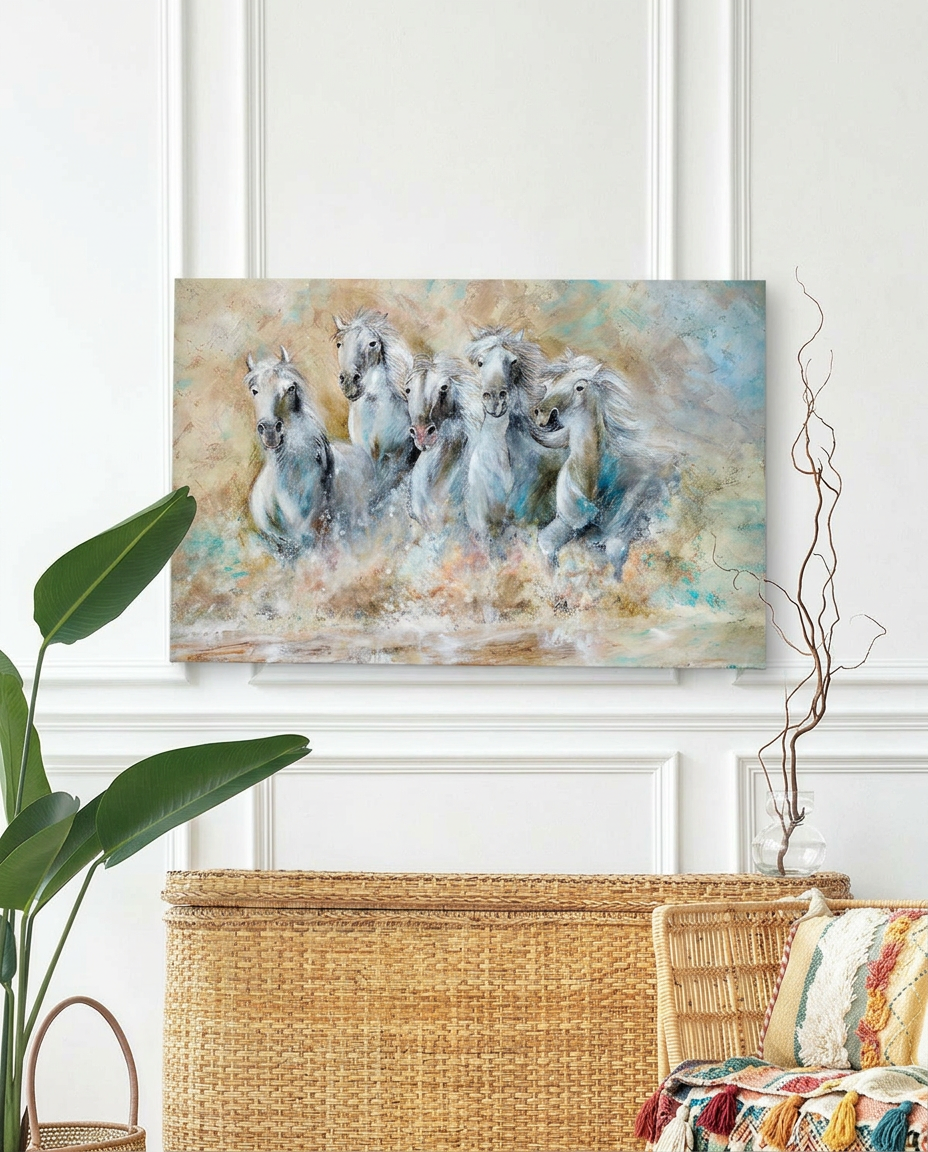 Tableau chevaux dans une rivière