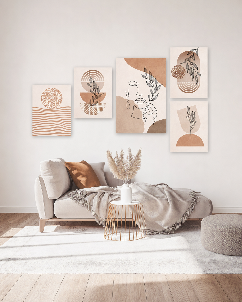 Tableaux femme ligne art avec feuille sur fond beige